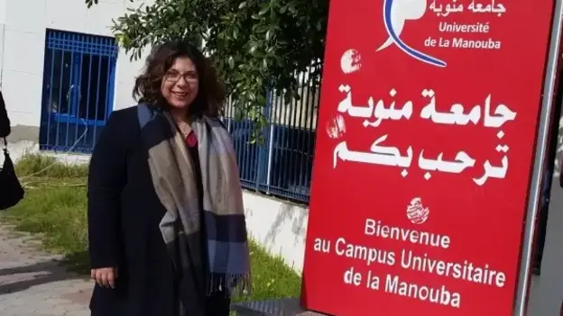 Hanan Badr in front of Manouba University