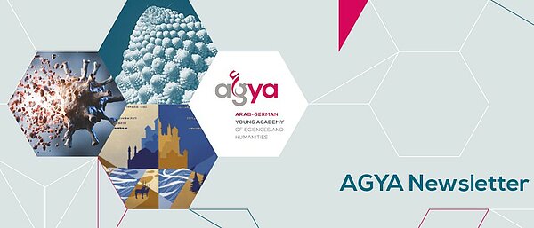 Four hexagons with the AGYA Logo, the Sindbad and Sinuhe Banner, a Romanesco and a Virus next to the letters 'AGYA Newsletter'