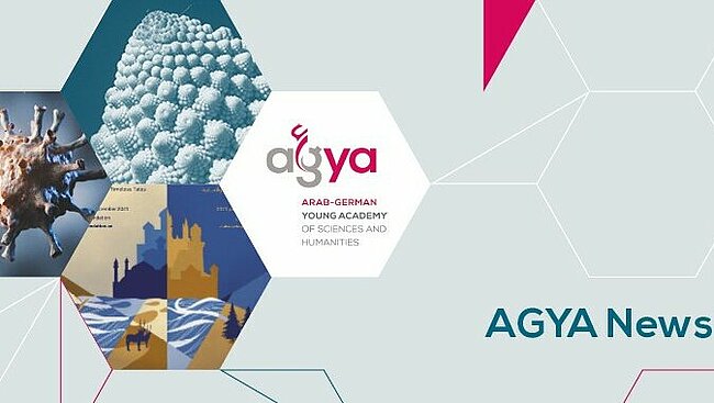 Four hexagons with the AGYA Logo, the Sindbad and Sinuhe Banner, a Romanesco and a Virus next to the letters 'AGYA Newsletter'