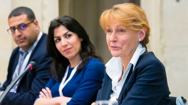 AGYA members Anis Ben Amor and Zeina Hobaika next to former German minister of Education and Research Edelgard Bulmahn