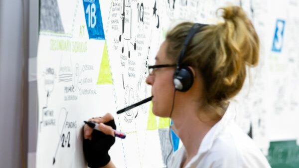 Woman with headphones on draws something on white wall with a pen