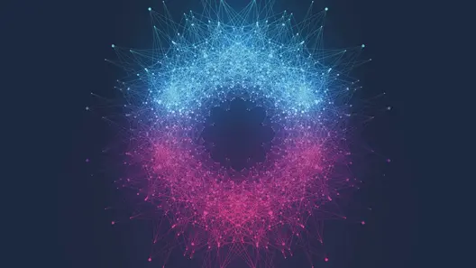 Dots connected by lines arranged in a cirlce symolizing a quantum explosion on dark font