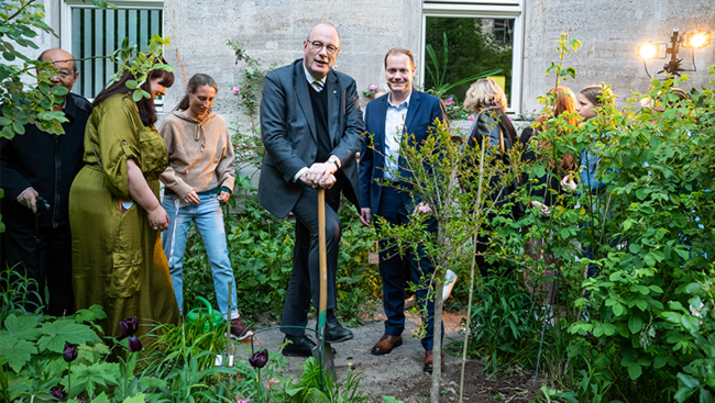 Prof. Dr. Markschies and Prof. Dr. Klein planting a tree