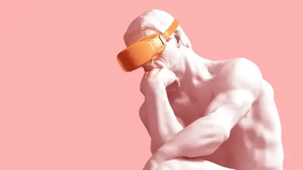 A classical statue wearing a VR headset