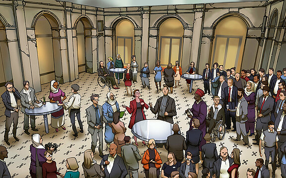 Cartoon people attending the event at Leibnizsaal