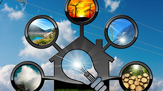 Renewable resources - 3D illustration of a model house with light bulb and sustainable energy. Wind, solar, biomass, hydropower, ocean energy