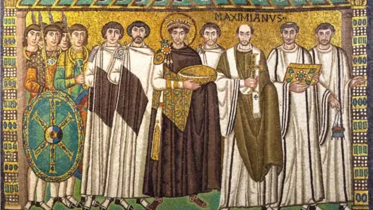 The Byzantine Emperor Justinian with his court and Archbishop Maximian, mosaic in the church of San Vitale in Ravenna