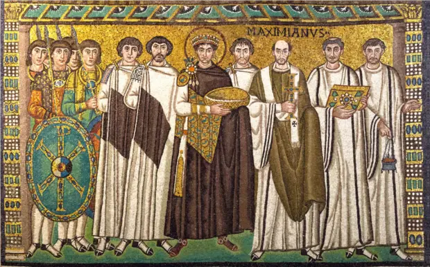 The Byzantine Emperor Justinian with his court and Archbishop Maximian, mosaic in the church of San Vitale in Ravenna