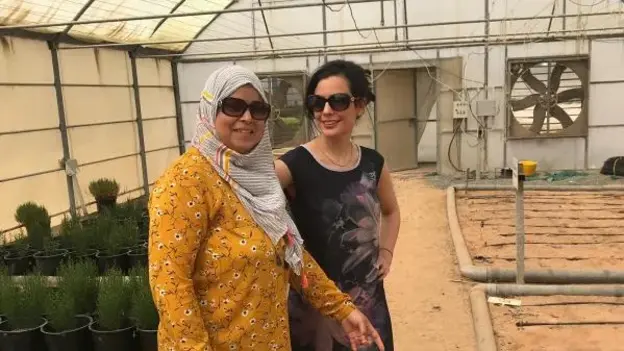 Two women next to beds in a green house