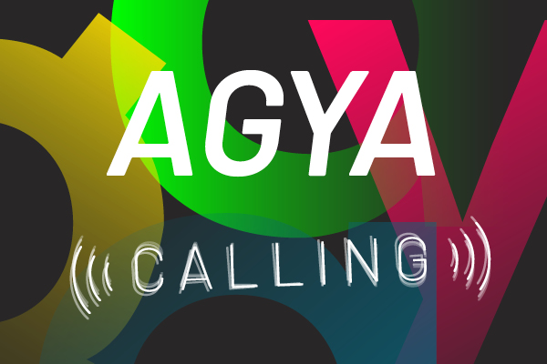 White font reading AGYA Calling on colourful background depicting parts of letters