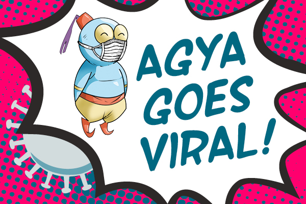 Animation AGYA Science Djinn on the left and Text on the right "AGYA GOES VIRAL"